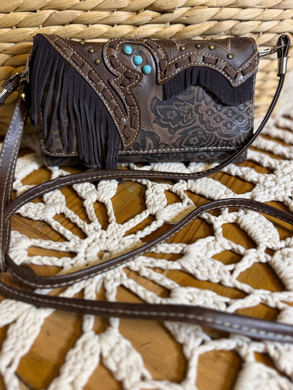 Western Brown Fringe Crossbody Wallet Turquoise Studs Tooled Floral Cowgirl